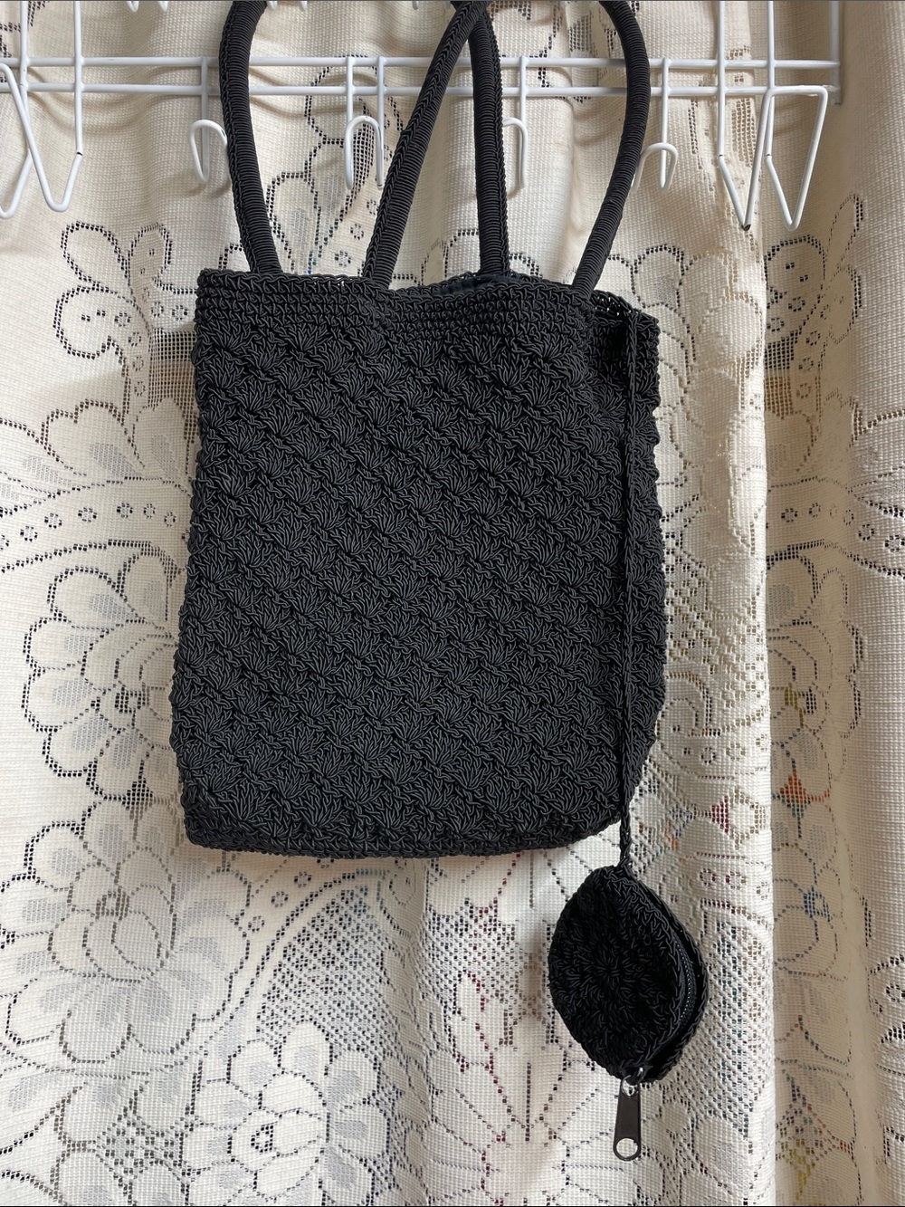 Vintage Black Textured Crochet Shoulder Bag with Coin Pouch
